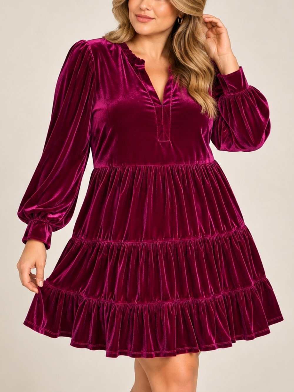 1.STATE Fuchsia Velvet Tiered Mini Dress Puff Sleeve Holiday Party L